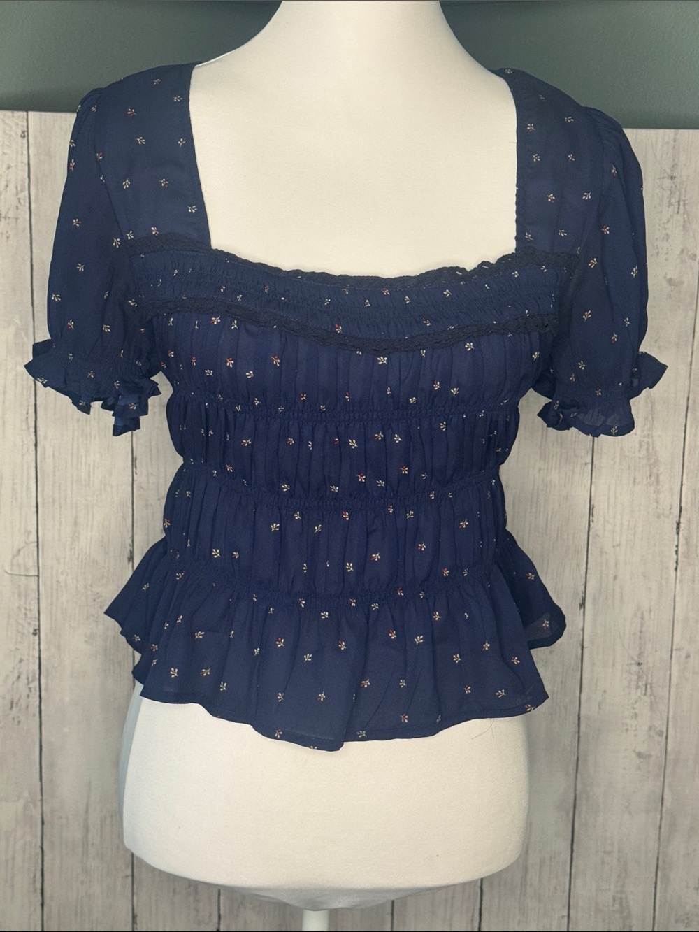 Free People Navy Smocked Square-Neck Floral Peplum Top